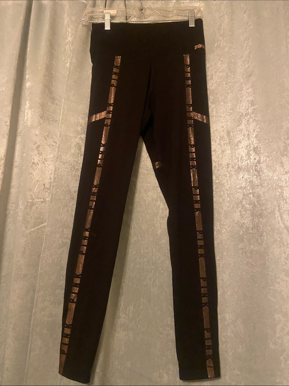 PINK Victoria's Secret Black Leggings with Bronze Metallic Trim